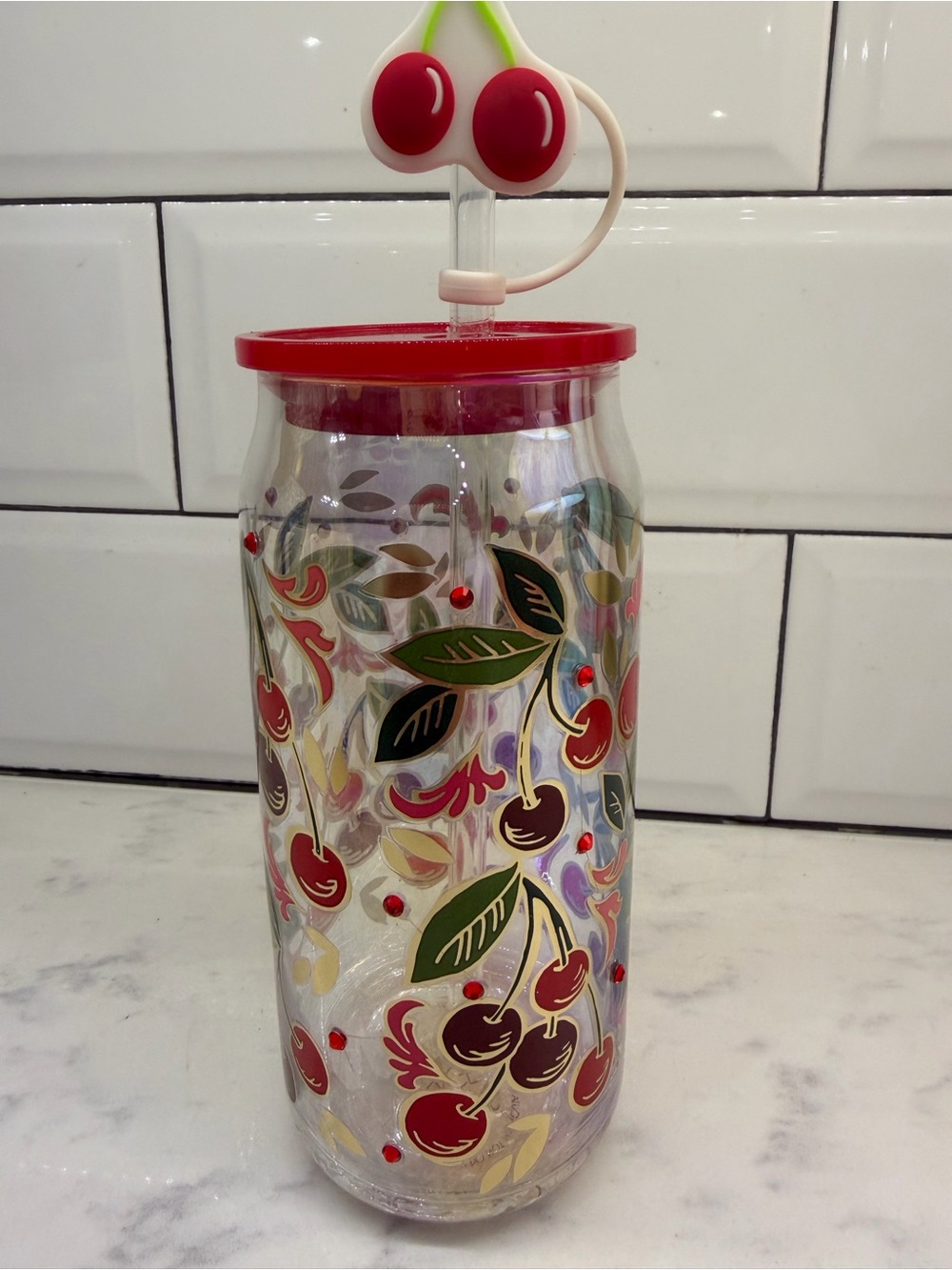 Cherry Glass Tumbler with Straw & Lid | New